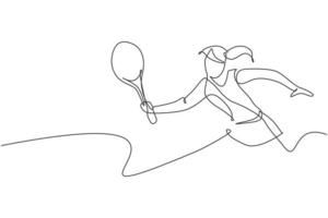 un dibujo de línea continua de una joven tenista feliz corriendo y golpeando la pelota. concepto de deporte competitivo. ilustración de vector de diseño de dibujo de línea única dinámica para cartel de promoción de torneo