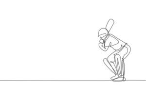 One continuous line drawing of young man cricket player stance standing to receive the ball from pitcher vector illustration. Sport concept. Dynamic single line draw design for advertisement poster