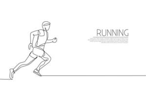 One single line drawing of young energetic man runner practice at run track vector illustration. Individual sports, training concept. Modern continuous line draw design for running competition banner