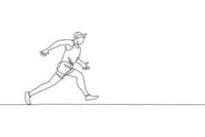 One continuous line drawing of young sporty man runner focus running on run track. Health activity sport concept. Dynamic single line draw design vector illustration for running event promotion poster