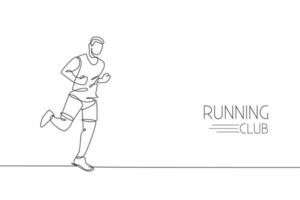 One continuous line drawing of young man athlete runner run relax. Individual sport, competitive concept. Dynamic single line draw design vector graphic illustration for running competition poster