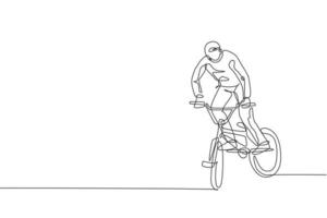 One continuous line drawing of young BMX bicycle rider performing dangerous trick at skatepark. Extreme sport concept vector illustration. Dynamic single line draw design for event promotion poster