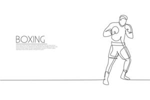 Single continuous line drawing of young agile man boxer improve his fight stance at gym. Fair combative sport concept. Trendy one line draw design vector illustration for boxing game promotion media