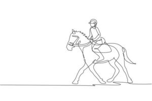 One continuous line drawing of young horse rider man in action. Equine training at racing track. Equestrian sport competition concept. Dynamic single line draw design vector illustration graphic