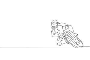 dibujo de una sola línea continua de la práctica de un joven corredor de superbike apoyado en la pista del circuito. concepto de torneo de motogp. ilustración de vector de diseño de dibujo de una línea de moda para medios de promoción de carreras de motos