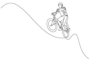 Single continuous line drawing of young BMX cycle rider show flying on the air trick in skatepark. BMX freestyle concept. Trendy one line draw design vector illustration for freestyle promotion media