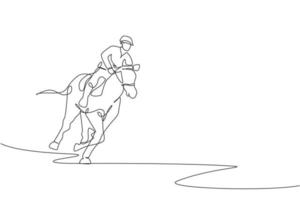 Single continuous line drawing of young professional horseback rider running with a horse around the stables. Equestrian sport training process concept. Trendy one line draw design vector illustration