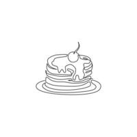 One continuous line drawing of fresh delicious American pancake with cherry restaurant logo emblem. Breakfast cafe shop logotype template concept. Modern single line draw design vector illustration