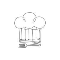 un dibujo de línea continua de sombrero de chef con tenedor y cuchara para el emblema del logo del restaurante. concepto de arte de plantilla de logotipo de tienda de café. Ilustración de vector gráfico de diseño de dibujo de una sola línea moderna