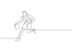 un dibujo de línea continua de un joven jugador de baloncesto practicando y entrenando en el campo de la cancha. concepto de deporte de equipo. ilustración de vector de diseño de dibujo de línea única dinámica para cartel de partido de campeonato