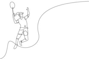 One continuous line drawing of young badminton player jump hit shuttlecock with racket. Competitive sport concept. Dynamic single line draw design vector illustration for tournament promotion poster