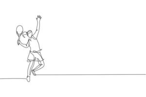 un dibujo de línea continua de una joven tenista feliz preparándose para golpear la pelota. concepto de deporte competitivo. ilustración de vector de diseño de dibujo de línea única dinámica para cartel de promoción de torneo