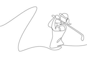 Single continuous line drawing of young happy golf player swing the golf club to hit the ball. Hobby sport concept. Trendy one line draw design vector illustration for golf tournament promotion media