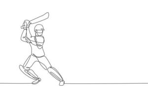 Single continuous line drawing of young agile man cricket player standing and practice to swing bat vector illustration. Sport exercise concept. Trendy one line draw design for cricket promotion media