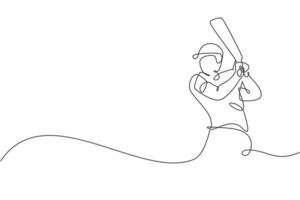 Single continuous line drawing of young agile man cricket player practicing hit the ball at field vector illustration. Sport exercise concept. Trendy one line draw design for cricket promotion media