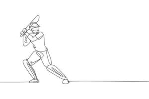 One continuous line drawing of young happy man cricket player standing to practice bat swing vector illustration. Competitive sport concept. Dynamic single line draw design for advertisement poster