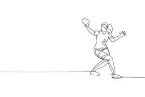 un dibujo de línea continua de una joven jugadora de tenis de mesa deportiva golpeó la pelota. concepto de deporte competitivo. ilustración de vector gráfico de diseño de dibujo de una sola línea para el cartel del campeonato de ping pong