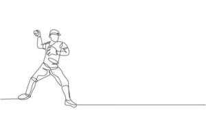 One continuous line drawing of young sporty man baseball player focus practice to throw the ball. Competitive sport concept. Dynamic single line draw design vector illustration for promotion poster