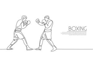 One single line drawing two young energetic men boxer fighting at event vector illustration graphic. Sport combative training concept. Modern continuous line draw design for boxing championship banner