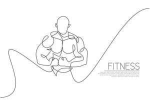 One continuous line drawing of young strong model man bodybuilder pose confidently. Fitness center gym logo concept. Dynamic single line draw design vector illustration for bodybuilding competition