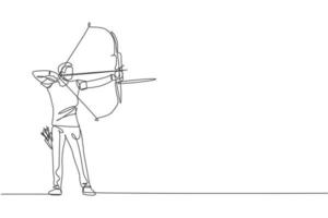 One single line drawing of young archer man focus exercising archery to hit the target vector graphic illustration. Healthy refresh shooting with bow sport concept. Modern continuous line draw design