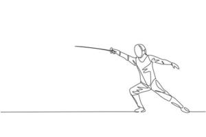 Single continuous line drawing of young professional fencer athlete man in fencing mask and rapier. Competitive fighting sport competition concept. Trendy one line draw design vector illustration