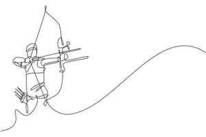 One single line drawing of young archer man focus exercising archery to hit the target graphic vector illustration. Healthy refresh shooting with bow sport concept. Modern continuous line draw design