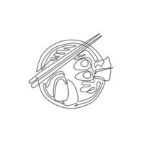 dibujo de una sola línea continua de la etiqueta del logotipo de ramen japonés estilizado, vista superior. concepto de restaurante de fideos de comida rápida. ilustración de vector de diseño de dibujo de una línea moderna para café o servicio de entrega de alimentos
