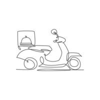 One single line drawing of motorcycle scooter with food box for food delivery service logo vector graphic illustration. Restaurant food delivery badge concept. Modern continuous line draw design