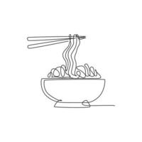 One continuous line drawing of fresh delicious Japanese ramen restaurant logo emblem. Fast food Japan noodle cafe shop logotype template concept. Modern single line draw design vector illustration