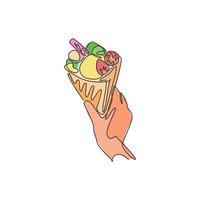 un dibujo de una sola línea de deliciosos crepes crujientes frescos con palitos de oblea en la ilustración vectorial manual. snack dulce menú de cafetería de comida rápida y concepto de placa de restaurante. diseño moderno de dibujo de línea continua