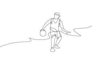 un dibujo de línea continua del entrenamiento de un joven jugador de baloncesto en el campo de la cancha. concepto de deporte de equipo. Ilustración de vector gráfico de diseño de dibujo de línea única dinámica para póster y pancarta de competición deportiva