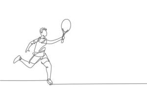 Single continuous line drawing of young agile man tennis player defense and hold the ball. Sport exercise concept. Trendy one line draw design vector illustration for tennis tournament promotion media