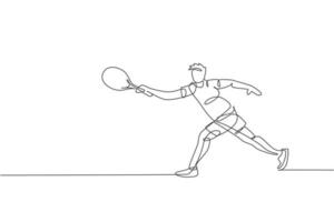 One single line drawing young energetic man tennis player hit the ball vector graphic illustration. Sport training concept. Modern continuous line draw design for tennis tournament banner and poster