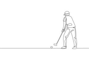 One continuous line drawing of young golf player swing golf club and hit the ball. Leisure sport concept. Dynamic single line draw design vector graphic illustration for tournament promotion media