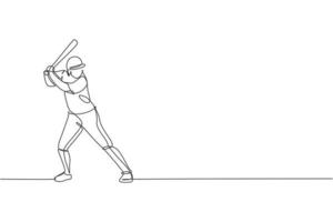 dibujo de una sola línea continua de un joven jugador de béisbol ágil listo para golpear la pelota. concepto de ejercicio deportivo. ilustración de vector de diseño gráfico de dibujo de una línea de moda para medios de promoción de béisbol