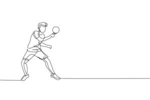 One continuous line drawing of young sporty man table tennis player practice to hit the ball. Competitive sport concept. Single line draw design vector illustration for ping pong championship poster