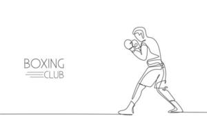 Single continuous line drawing young agile man boxer ready for fighting at match. Fair combative sport concept. Trendy one line draw design graphic vector illustration for boxing game promotion media