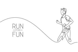 One single line drawing of young happy man runner run relax while listening music with smartphone and headphone vector illustration. Healthy sport training concept. Modern continuous line draw design