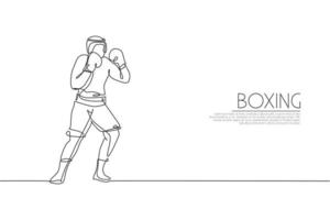 Single continuous line drawing of young agile man boxer improve his boxing defense skill. Fair combative sport concept. Trendy one line draw design vector illustration for boxing game promotion media