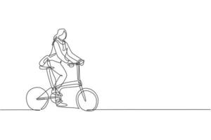 One single line drawing young happy startup employee woman ride bicycle to the coworking space vector illustration graphic. Healthy commuter urban lifestyle concept. Modern continuous line draw design