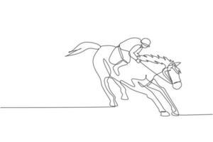 un dibujo de línea continua del joven jinete en acción. entrenamiento equino en la pista de carreras. concepto de competición deportiva ecuestre. Ilustración de vector gráfico de diseño de dibujo de línea única dinámica