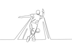 One continuous line drawing of young happy bowling player man throw ball into lane to hit the pin. Healthy sport and lifestyle activity concept. Dynamic single line draw design vector illustration