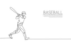 Single continuous line drawing of young agile man baseball player practice to hit the ball. Sport exercise concept. Trendy one line draw design vector graphic illustration for baseball promotion media