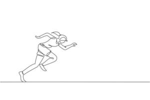 One single line drawing young energetic woman runner focus to sprint vector illustration graphic. Individual sports, training concept. Modern continuous line draw design for running competition banner