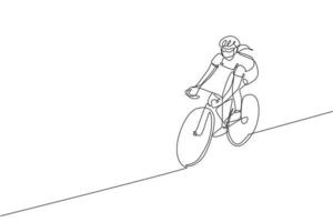 One continuous line drawing of young sporty woman bicycle racer focus train her skill at cycling track. Road cyclist concept. Single line draw design vector illustration for cycling competition poster