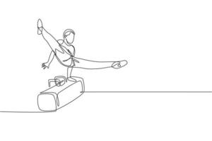 un dibujo de línea continua de un joven ejerciendo un caballo de pomo en gimnasia. atleta gimnasta en leotardo. deporte saludable y concepto activo. Ilustración de vector gráfico de diseño de dibujo de línea única dinámica
