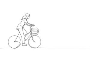 One single line drawing young happy startup employee woman ride bicycle to the coworking space vector illustration graphic. Healthy urban commuter lifestyle concept. Modern continuous line draw design