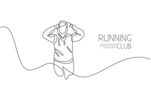 Single continuous line drawing of young agile man runner wearing hoodie cap while running relax. Healthy lifestyle concept. Trendy one line draw design vector illustration for running race promotion