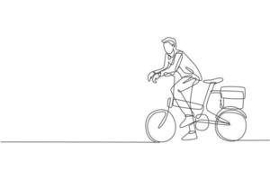 One continuous line drawing of young professional manager man cycling ride folding bicycle to his office. Healthy working urban lifestyle concept. Dynamic single line draw design vector illustration